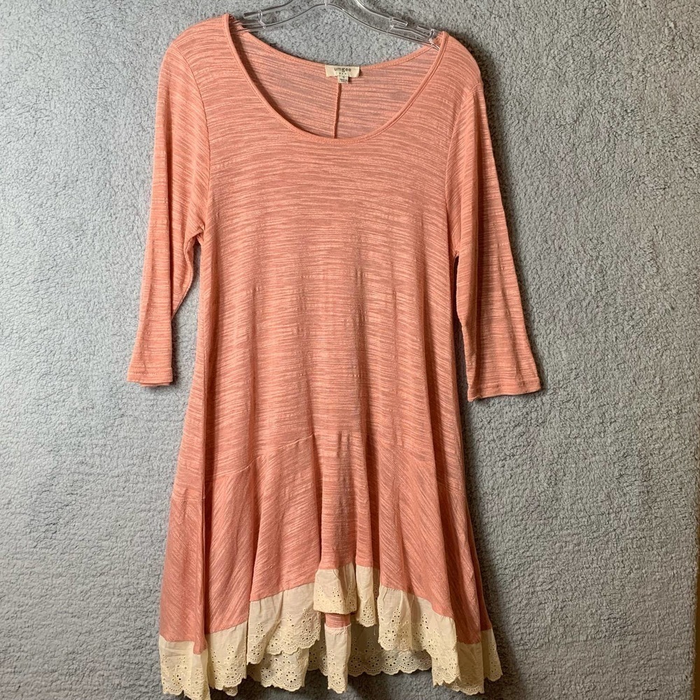Umgee Tunic Top Womens S Small Peach‎ Orange Pink Eyelet Trim Boho Lagenlook